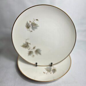 TWO Noritake Fantasia Dinner Plates Ivory with Gold Grapes and Gray Tan Leaves